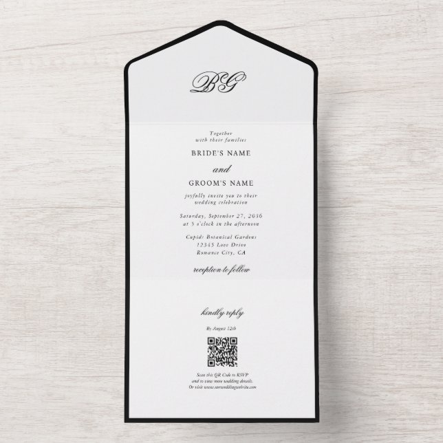 Elegant Minimalistisk svartvit monogram Bröllop (Insida)