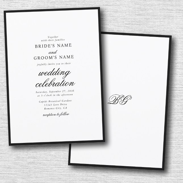 Elegant Minimalistisk svartvit monogram Bröllop Inbjudningar (Elegant Minimalist Black White Monogram Wedding Invitation)