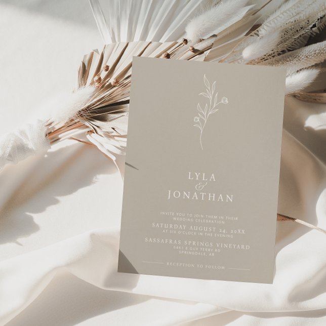 Elegant Minimalistisk Taupe & White Blommigt Bröll Inbjudningar (Skapare uppladdad)