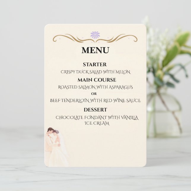Elegant minimalistiskt bröllopsmeny kort för par (Stående Fram)