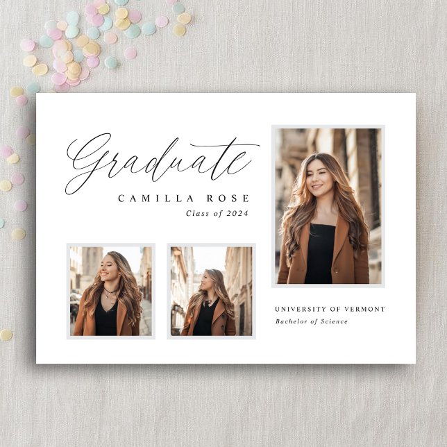 Elegant - minimalistiskt meddelande om 3 Photo Stu (Elegant Minimalist 3 Photo Graduation Announcement)