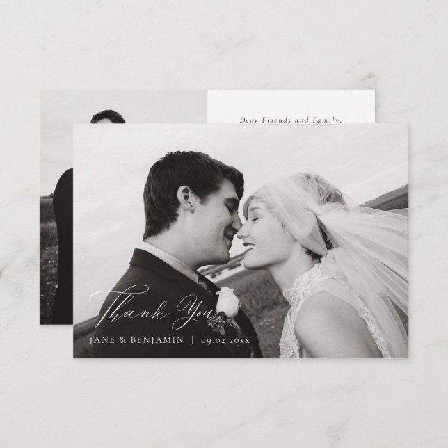 Elegant - minimalistiskt Vita Bröllop 2-foto Tack Kort (Fram/baksida)