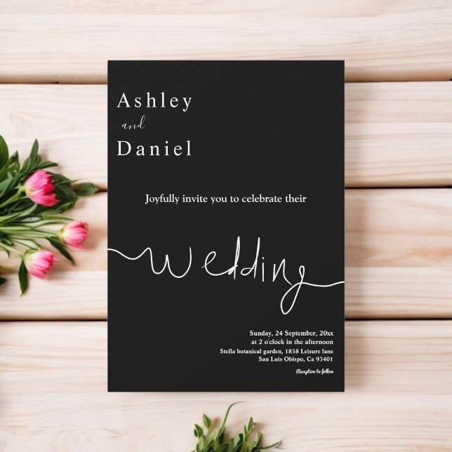 Elegant minimalt svartvitt och vitt ömtåligt Bröll Inbjudningar (Skapare uppladdad)