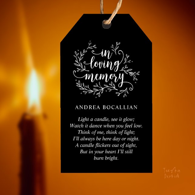 Elegant minnesljus för dikt och ljus presentetikett (Elegant In Loving Memory Memorial Poem Candle Gift Tags in Black and White theme)