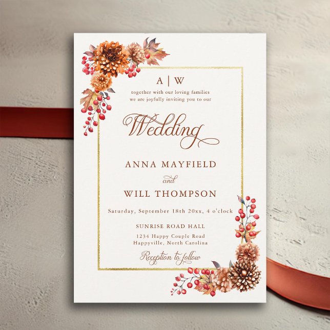 Elegant: Minskning av Blommigt Guld Ram Monogram B Inbjudningar (fall floral gold frame elegant wedding invitation modern calligraphy flourishes terracotta romantic)