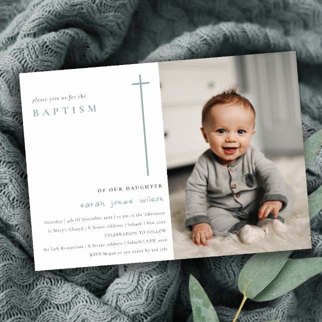 Elegant - minsta blåtypografi - foto-baptism inbjudningar (Skapare uppladdad)