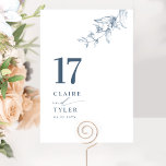 Elegant, minsta botaniska blå Bröllop Bordsnummer<br><div class="desc">Följ gästerna till bord med det här elegant bröllop-bordsnumret-kortet. Snyggt och enkel design med namn på sidan tillsammans med "och" i modern handskriven kalligrafi. Fintvätt av handritade botaniska gröna hörndetaljer. Var vänlig och beställ varje bordsnummer (dvs. för ett evenemang med tre bord skulle du behöva ställe tre olika beställningar på...</div>