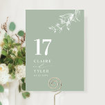 Elegant, minsta botaniska Blekens Grönt Bröllop Bordsnummer<br><div class="desc">Följ gästerna till deras bord med det här elegant blek grönt bröllop bordsnummer-kortet. Snyggt och enkel design med namn på sidan tillsammans med "och" i modern handskriven kalligrafi. Fintvätt av handritade botaniska gröna hörndetaljer. Var vänlig och beställ varje bordsnummer (dvs. för ett evenemang med tre bord skulle du behöva ställe...</div>