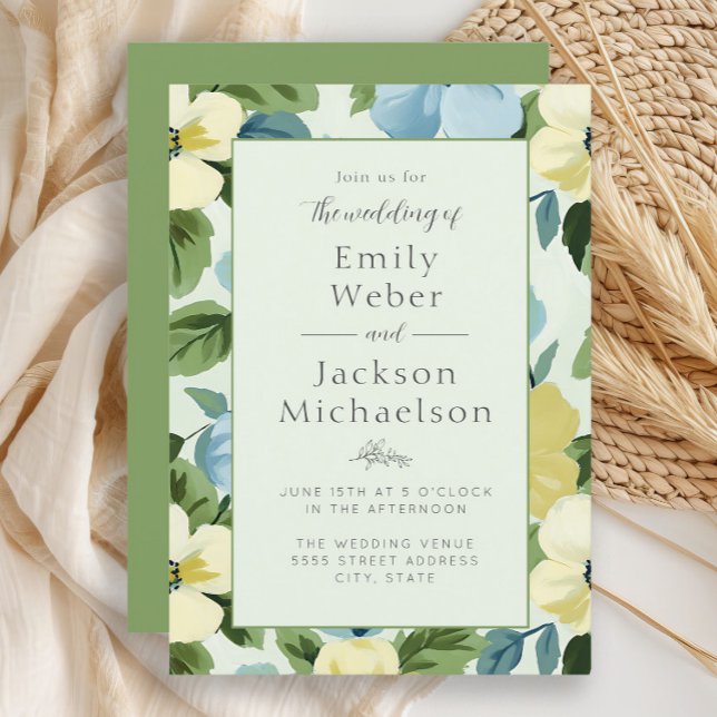 Elegant Mint Blue Gult Blommigt Bröllop Inbjudningar (Elegant mint, blue, and yellow floral wedding invitation)