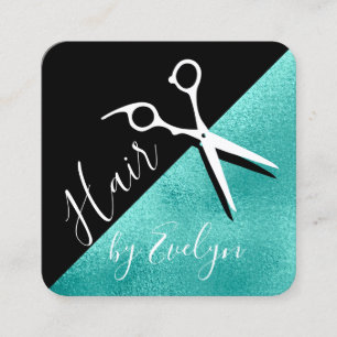 Elegant mint blue och black scissers frisyr fyrkantigt visitkort