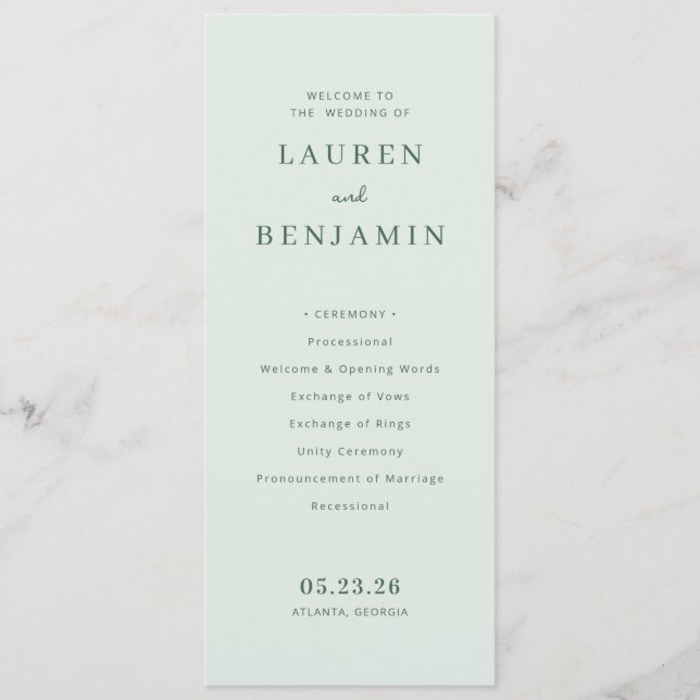 Elegant Mint Bröllopsprogram Program (Framsida)