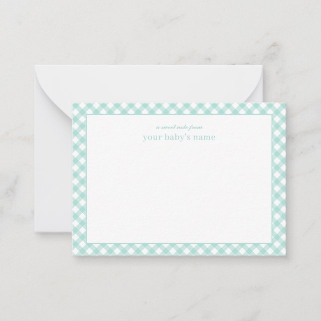 Elegant Mint Gingham Baby Nursery Note Card Anteckningskort (Framsida)