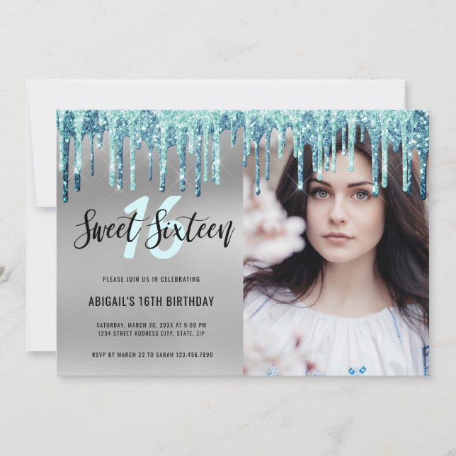 Elegant mint glitter droppar sweet sixteen invitat inbjudningar (Framsida)