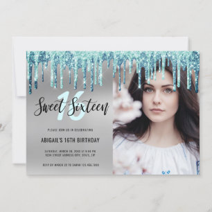 Elegant mint glitter droppar sweet sixteen invitat inbjudningar
