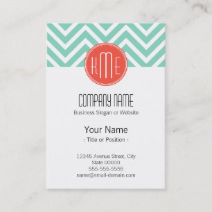 Elegant Mint Grönt Chevron och Orange Monogram Visitkort