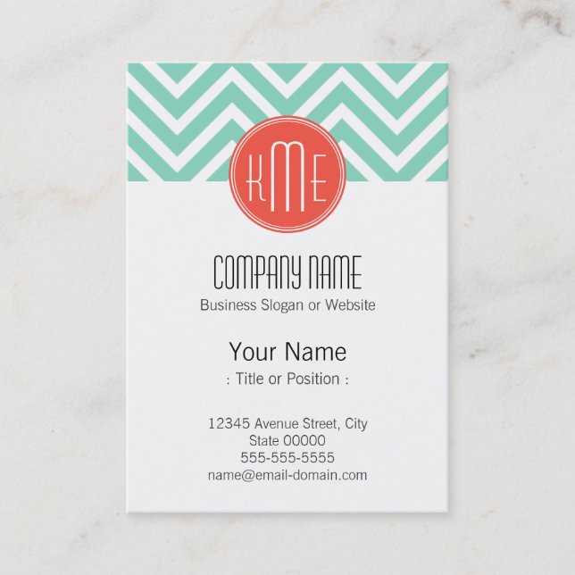 Elegant Mint Grönt Chevron och Orange Monogram Visitkort (Framsida)