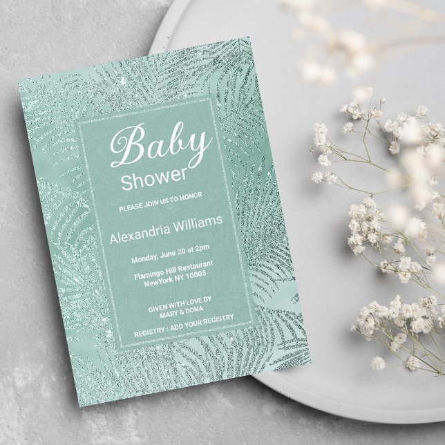 Elegant mint grönt glitter träd Baby Shower handfl Inbjudningar (Elegant mint green glitter palm tree Baby Shower)