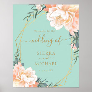 Elegant Mint Grönt Guld Peach Blommigt Bröllop Poster