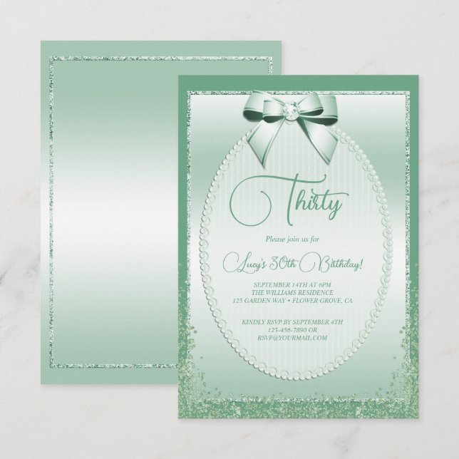 Elegant Mint Grönt Jueled Bow & Glitter Birthday Inbjudningar (Fram/baksida)