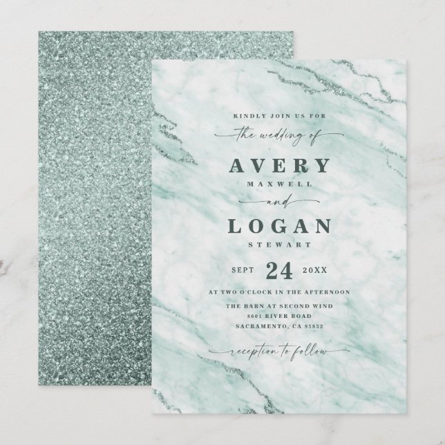 Elegant Mint Grönt Marble & Glitter Bröllop Inbjudningar (Fram/baksida)