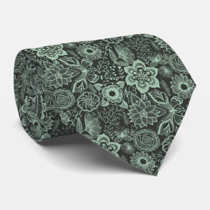 Elegant Mint-Grönt och Black Retro Blommigt Snöre Slips