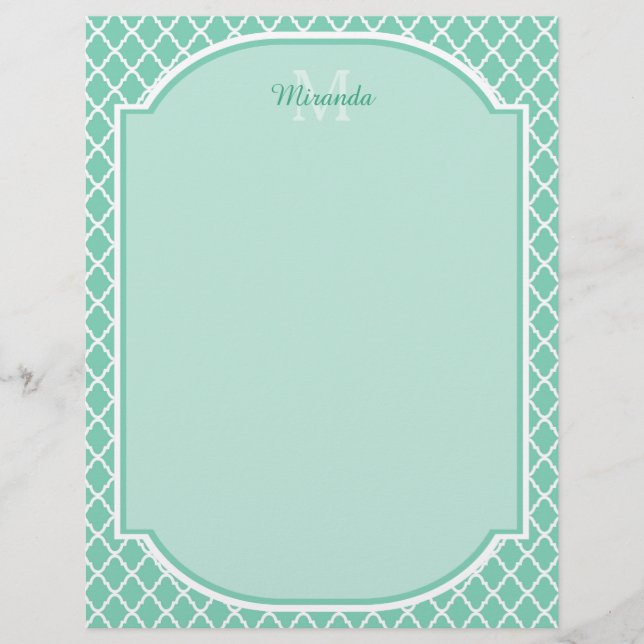 Elegant Mint Grönt Quatrefoil Monogram med Namn (Framsida)