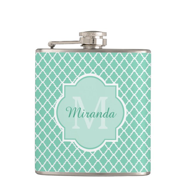 Elegant Mint Grönt Quatrefoil Monogram med Namn Fickplunta (Framsidan)