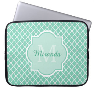 Elegant Mint Grönt Quatrefoil Monogram med Namn Laptop Fodral
