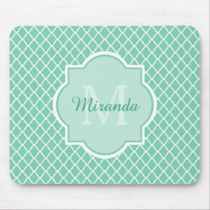 Elegant Mint Grönt Quatrefoil Monogram med Namn Musmatta