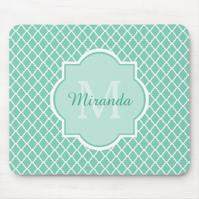 Elegant Mint Grönt Quatrefoil Monogram med Namn Musmatta (Framsidan)