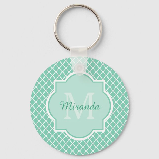 Elegant Mint Grönt Quatrefoil Monogram med Namn Nyckelring (Framsida)