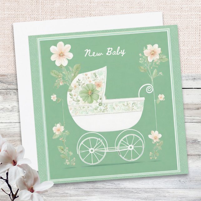 Elegant Mint Grönt Söt Pram Flowers Nyfödd bebis Kort (A pretty greeting card in green with pram picture, for celebrating the arrival of a new baby)