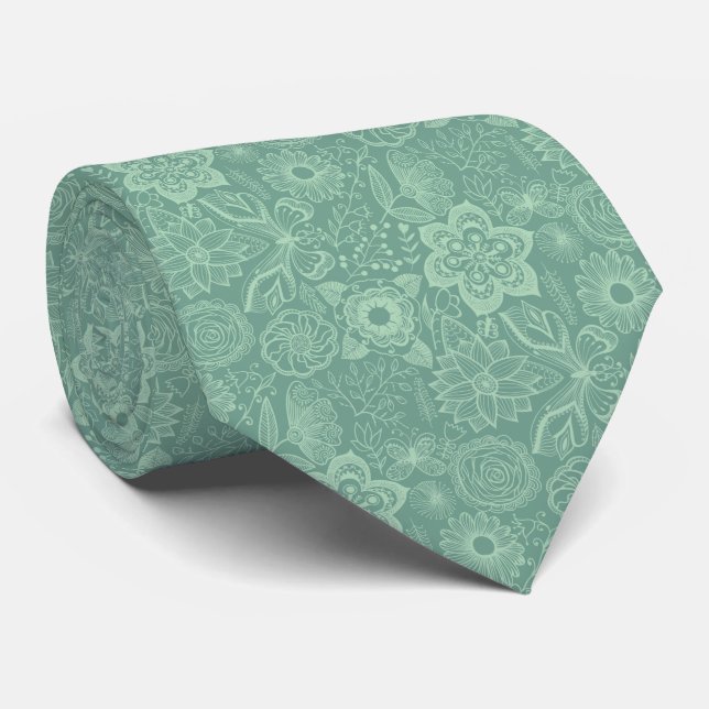 Elegant Mint-Grönt Tones Retro Blommigt Snöre Slips (Rullad)