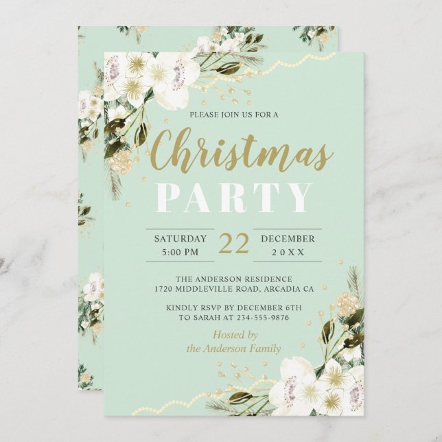 Elegant Mint Grönt Vattenskärg Blommigt jul Inbjudningar (Fram/baksida)