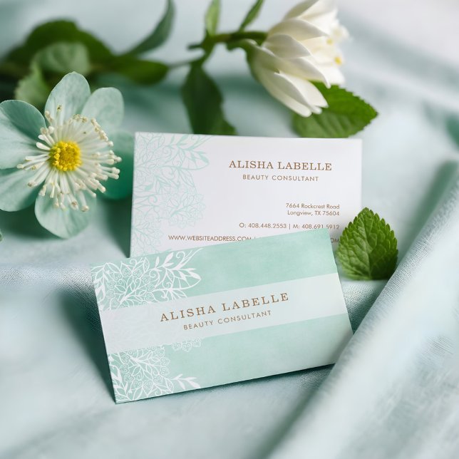 Elegant Mint Grönt & White Blommigt Foliage Snöre Visitkort (Elegant Mint Green & White Floral Foliage Lace Business Card)