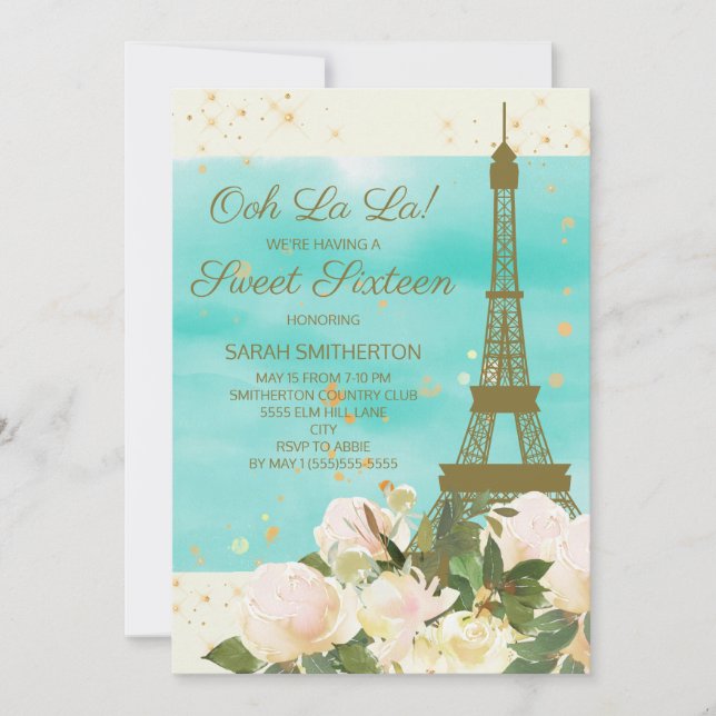 Elegant Mint Guld Eiffel Torn Paris Sweet 16 Inbjudningar (Framsida)