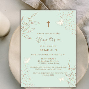 Elegant Mint Guld Löv Butterfly Kor Baptism Inbjudningar