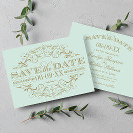 Elegant Mint Guld Ornamentalt Flourish Bröllop Spara Datumet