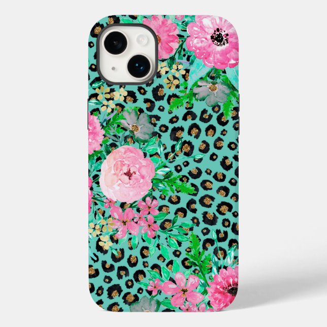Elegant Mint Leopard Print and Blommigt Design (Baksida)