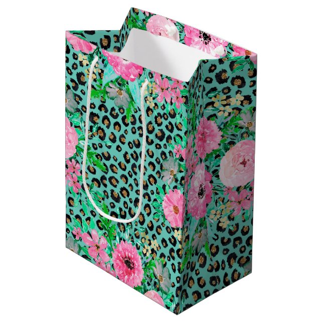 Elegant Mint Leopard Print and Blommigt Design (Framsidan Vinklad)