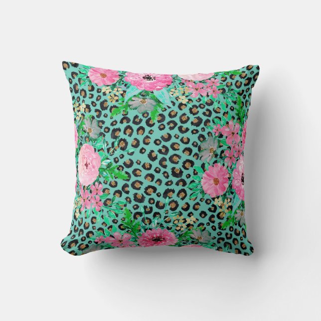 Elegant Mint Leopard Print and Blommigt Design Kudde (Framsida)