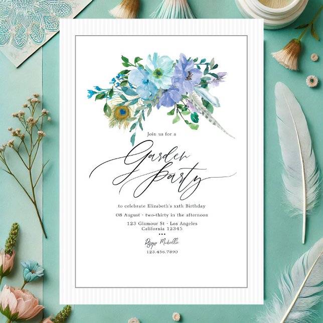 Elegant Mint och Blå Boho Blommig Trädgårdsfest Inbjudningar (Elegant Mint and Blue Boho Floral Garden Party Invitation)