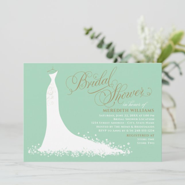 Elegant mint- och guldbröllopsklänning Bröllopsdus Inbjudningar (Stående Fram)