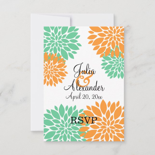 Elegant Mint och Orange Blommig Explosion RSVP Inbjudningar (Framsida)