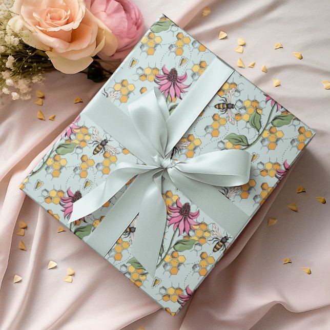 Elegant Mint Queen Bee, Honeycomb & Flowers Presentpapper (Elegant Hand-Drawn Buzzing Queen Bee, Honeycomb & Pink Exotic Flower Gift Wrap for Nature Lovers.)