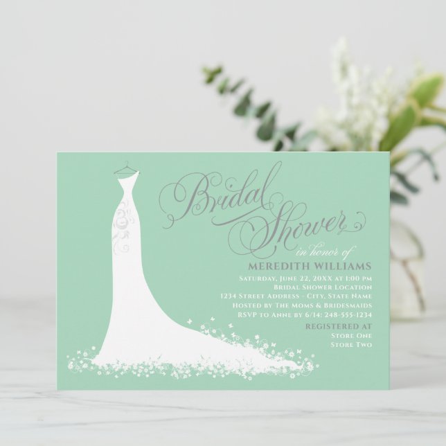 Elegant mint silverbröllopsklänning bröllopsdusch inbjudningar (Stående Fram)