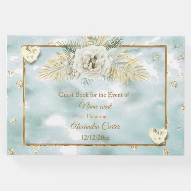 Elegant Mint Teal Blue Guld marble Ro Blommigt Gästböcker (Framsida)