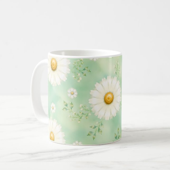 Elegant Mint Vattenfärg Daisy Kaffemugg (Framsida vänster)