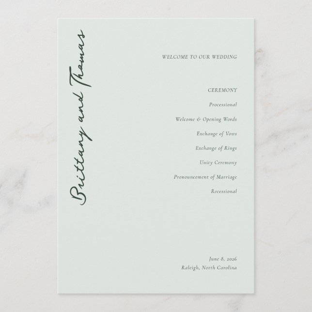 Elegant mint vigselceremoni program (Framsida)
