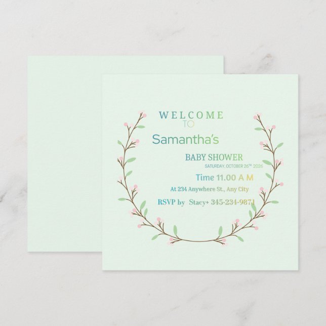 Elegant mintgrön botanisk baby shower  inbjudningar (Fram/baksida)